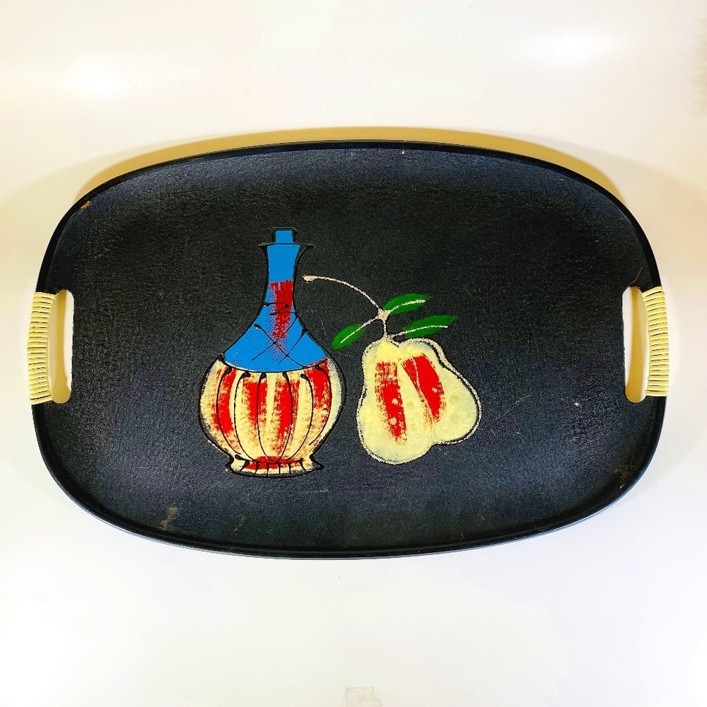 Vintage Mid-Century Modern Fiberboard Serving Tray With Wrapped Handles Wine and
